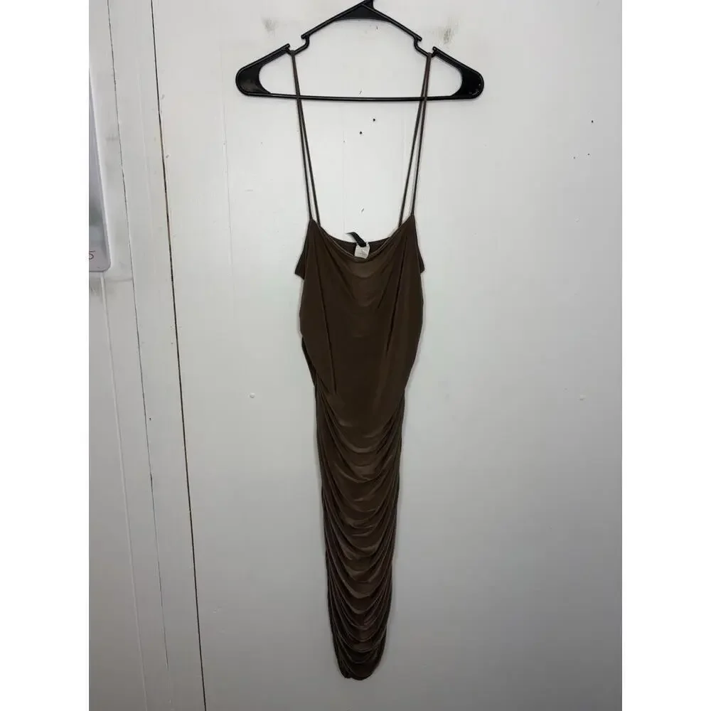 Vintage Dress Womens Medium Ruched Bodycon Stretchy Brown 90s Y2K Baddie Club